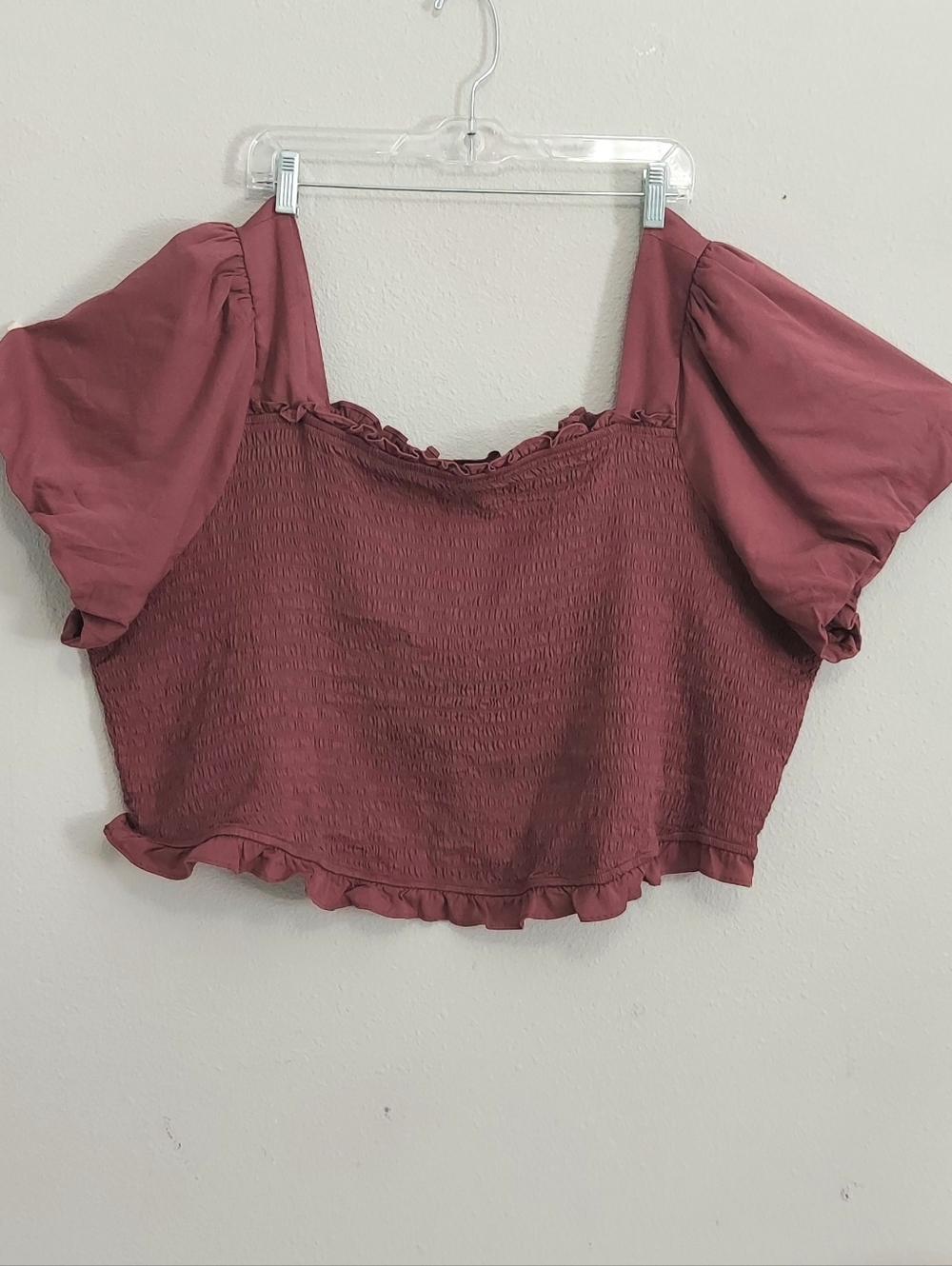 Torrid 5X Stretch Challis Smocked Puff Sleeve Crop Top Wild Ginger Burgundy Boho